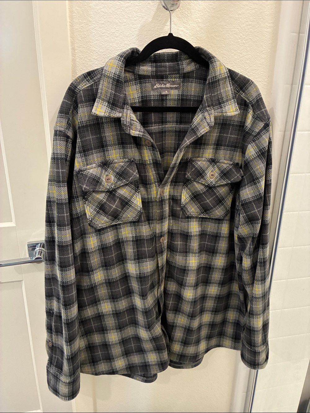 Eddie Bauer Gray FLANEL Plaid Button-Up Shirt with Yellow Accents XL